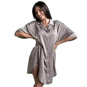 Custom Logo Pyjama Women Satin Nightshirt Button Down Sleepshirt Silk Short Sleeve Nightgown Boyfriend Notch Collar Sleepwear