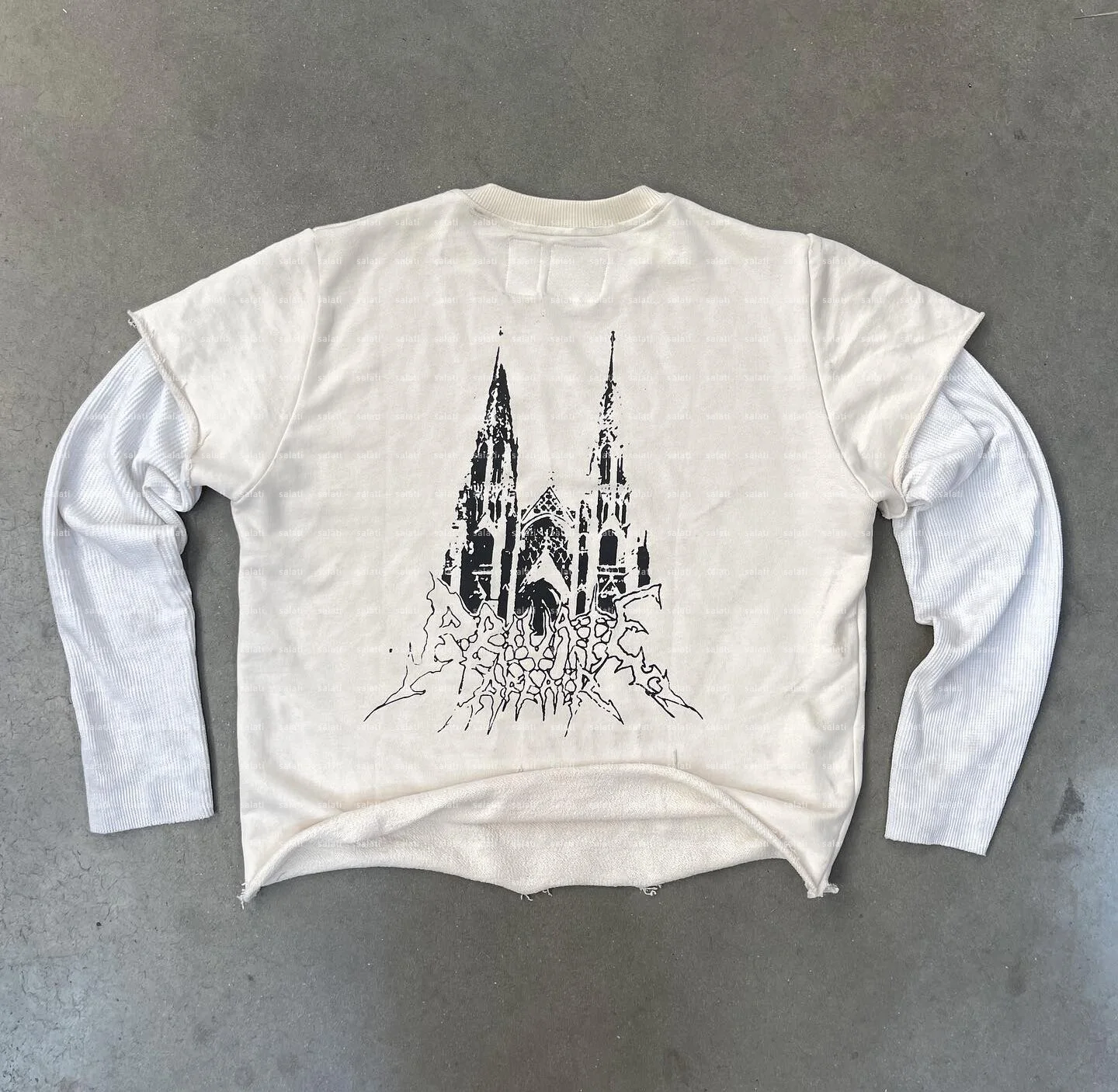 Custom Y2K Double Layer Thermal Shirt Tee Heavyweight Cut and Sew Long Sleeve Raw Hem Screen Print T-shirts Cropped T Shirts Men gallery 2
