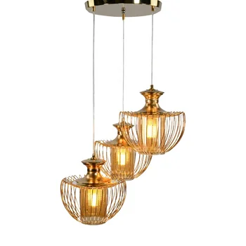 Cage Shape Lighting Fixtures Gold Farmhouse Hanging Chandelier Lights Iron Wire Metal Electroplate Lampshade Pendant Light