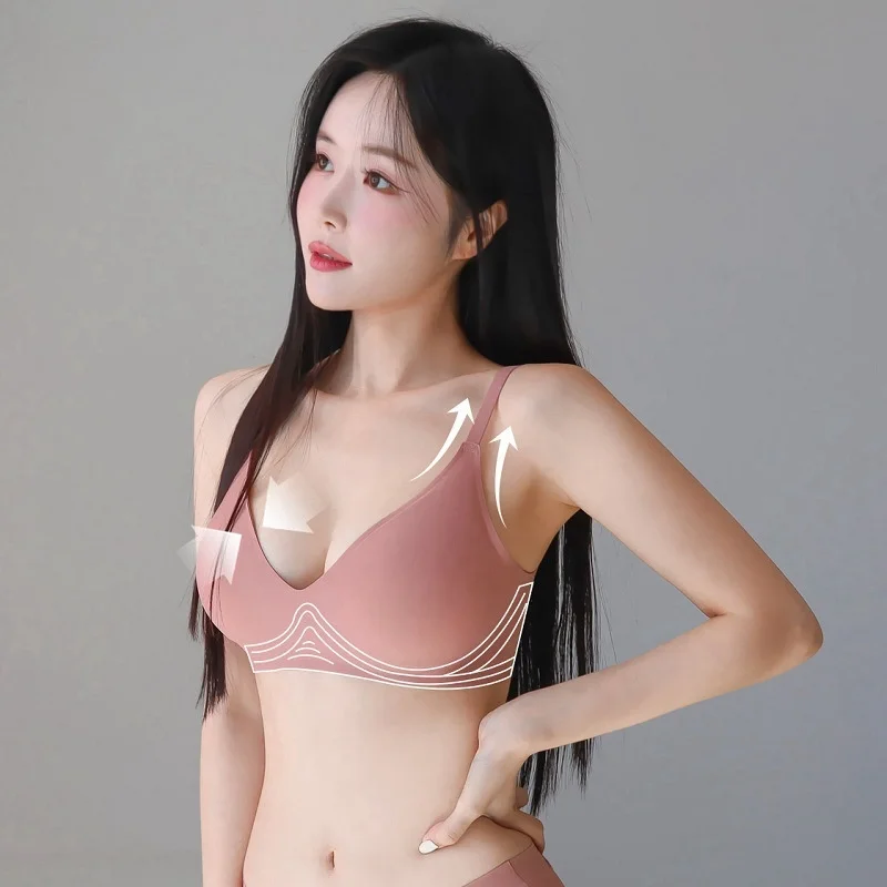 Korean-Style External Breast Expansion Small Flat Chest Gathered No Rims Traceless Display Large Cartoon Seamless Bra for Women