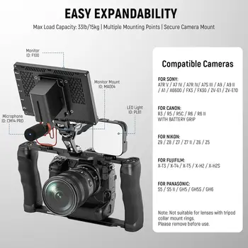 NEEWER Universal Camera Cage & Top Handle with 3/8" ARRI Locating Pins Kit, Video Rig Camera Stabilizer with Arca Type Base detail image
