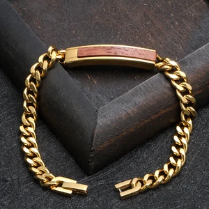 Tizti Jewelry High-Polished Cuban Chain Bracelet Bubinga Wood Inlay Fashionable Gold Plated Stainless Steel Bracelet
