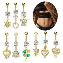 Set 10 Gold Plated Stainless Steel Belly Button Jewelry Heart Butterfly Nail Design Summer Beach Party Zircon Piercing Jewelry