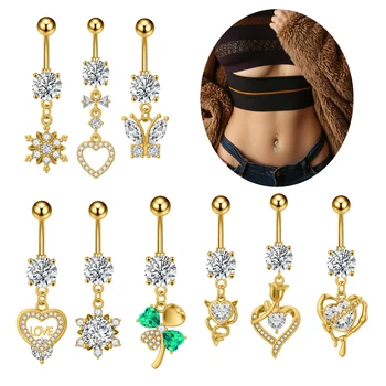 Set 10 Gold Plated Stainless Steel Belly Button Jewelry Heart Butterfly Nail Design Summer Beach Party Zircon Piercing Jewelry