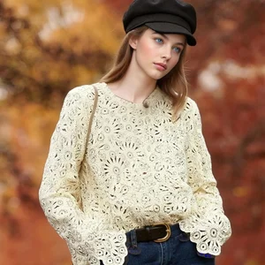 Autumn New High-End Design Loose Elegant Korean Acrylic Anti-Pilling Solid O-Neck Pullover Knitted Sweater for Women