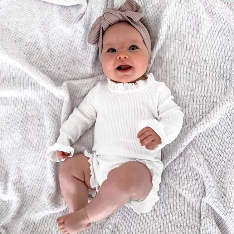 Newborn Baby Girl Clothes Set Solid Lace Ruffles Sleeve Backless Tops Toddler Shorts Outfits 100% Cotton