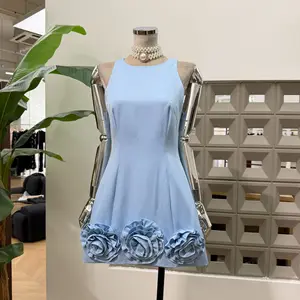 Bettergirl Fashion Luxury Sleeveless Handmade Flower Short Blue Women Dress 2026 Spring New Sexy Party Dress