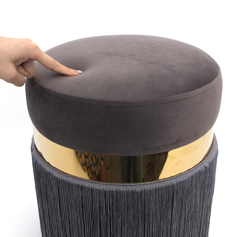 High Quality Living Room Furniture Velvet Designer Round Gold Ottomans Modern Pouf Cushion Stool with Tassels