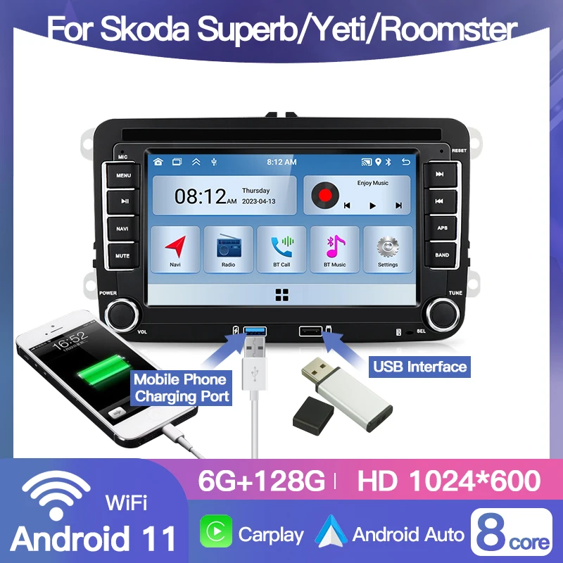 Android 7Inch 2 Din for Skoda Superb/Yeti/Roomster Car Radio Multimedia Player GPS Navi BT RDS DSP QLED Carplay Screen Wifi