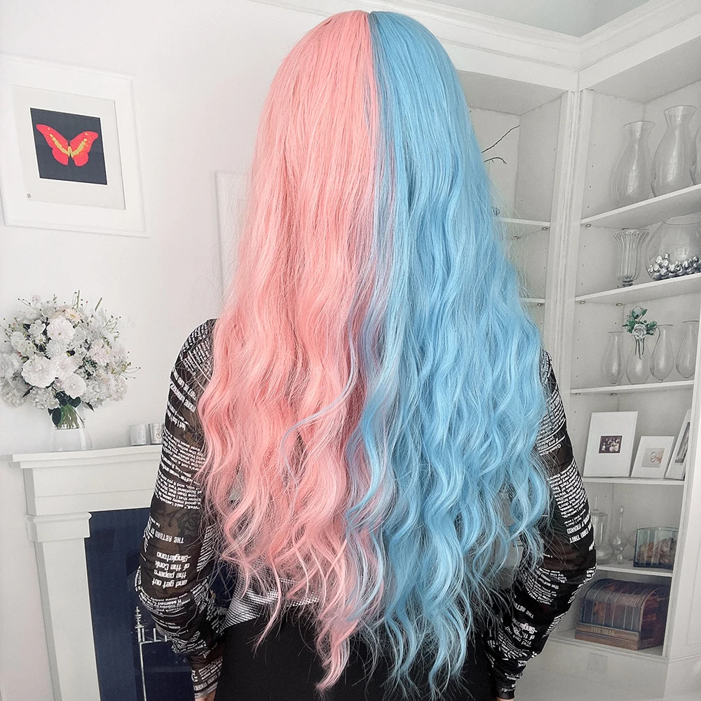 Ainizi Wholesale Long Wave Half Blue Half Pink Color Fashion Synthetic Hair Wig With Fringe For White Women Buy Synthetic Hair Wigs Half Blue Half Pink Wigs Synthetic Wig Product On Alibaba Com