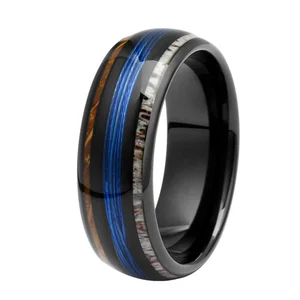 TIZTI Ring Jewelry 8mm Dome Shape Fishing Line Ring with Whiskey Barrel and Deer Antler Inlay Black Zirconium Tungsten Ring