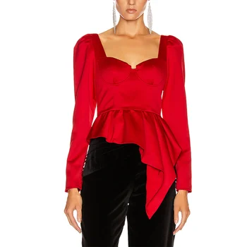 New Fashion Elegant Red Satin Long Sleeve Ruffle Asymmetrical Flounce Top Blouse Women