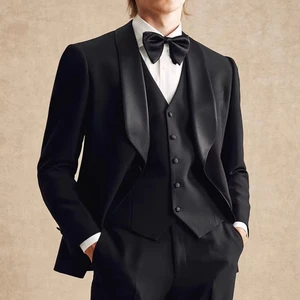 Black 3 Piece Groom's Formal Suit, Green Fruit Bow Tie Wedding Dress for Men Fashion Suit