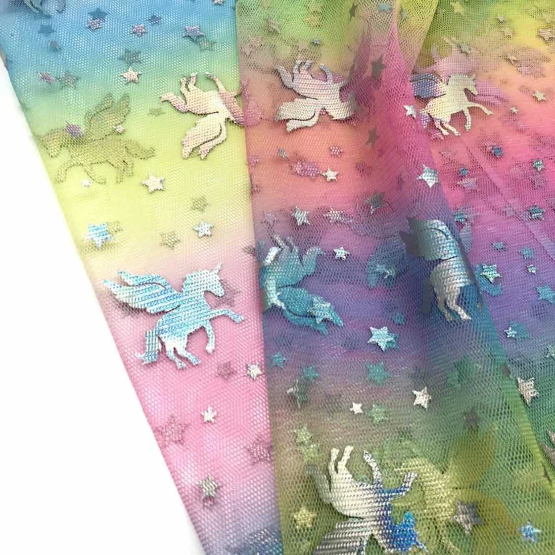 100% Polyester rainbow unicorn Colorful Gradient Dress Sequin Tulle Gold Foil Print Fabric for Children Clothing