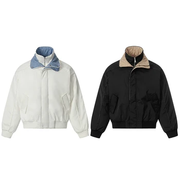 Zewu Men's Oversized Bomber Jacket with Detachable Plaid Collar - Windproof Casual Varsity Jacket for Spring Autumn Streetwear