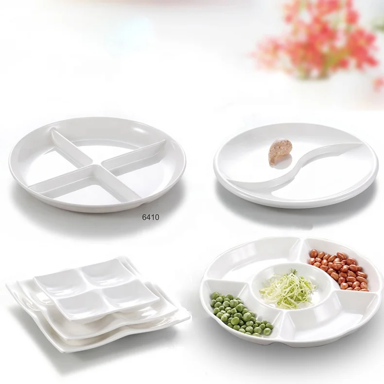 Unbreakable Restaurant Dinnerware White Round Melamine 2 Sections Compartment Portion Plate