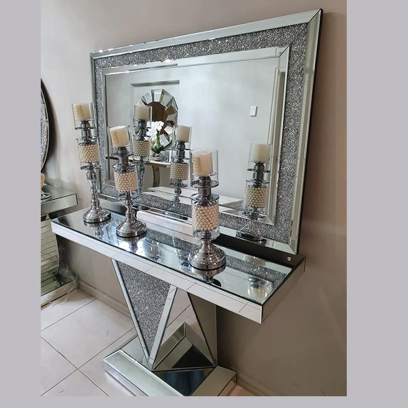Buy New Arrival Sparkling Crushed Diamond Living Room Mirrored Console Table  With Decor Wall Mirror Set Mirrored Furniture Product on