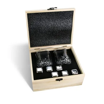 Customization Great stainless steel whiskey ice stone set and whiskey glasses with wooden box and stainless steel ice cube set