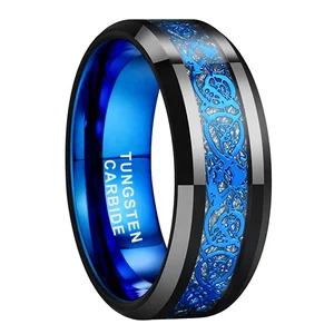 Coolstyle Jewelry 8mm Black Blue Plated Tungsten Men Wedding Band Women Ring Dragon Meteorite Inlay Beveled Edges Comfort Fit
