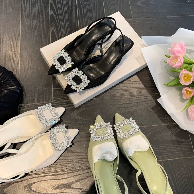 Small Fresh New Style Diamond square Mouth Pointed Back Gentle Temperament  Women's High Heel Sandals 9-98