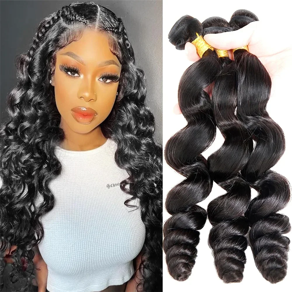 Extensions de tissage en cheveux humains malaisiens Loose Wave 30 pouces 1/3/4 pièces pour femme noire_voghion.com