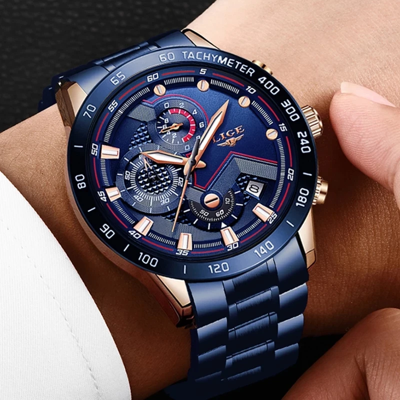 Lige 9982 Luxury Brand Mens Quartz Watch - Stainless Steel Chronograph