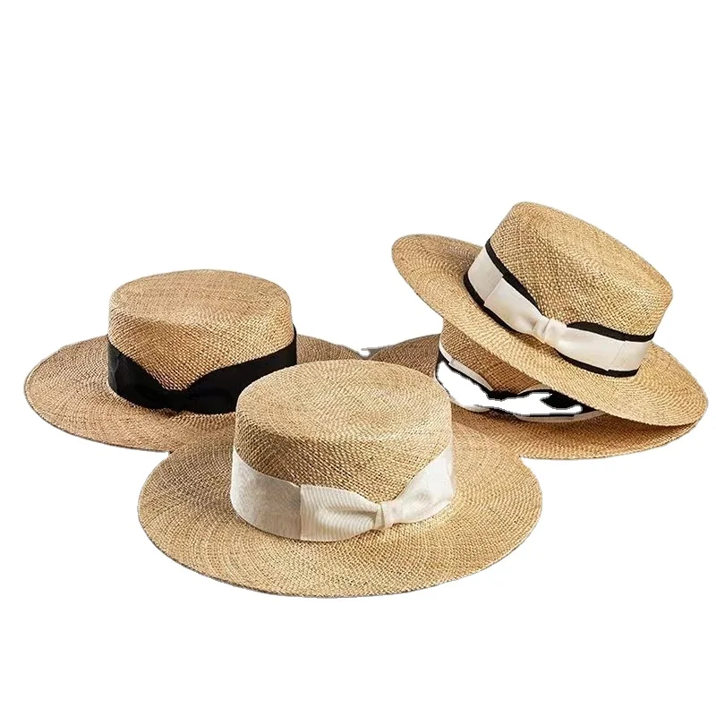 CUSTOM LOGO China Women Travel Ladies Summer Sun Shade Beach Wheat Flat Top  Straw Sombrero Playa Boater Hat for Women Summer