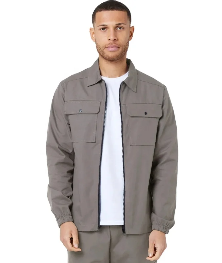 Customize Men Woven twill fabric in center zipper and flat patch pockets style Utility Overshirt jacket_voghion.com