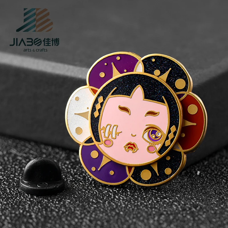 Spin hard enamel lapel pins two layers zinc alloy gold plating glitter metal badges