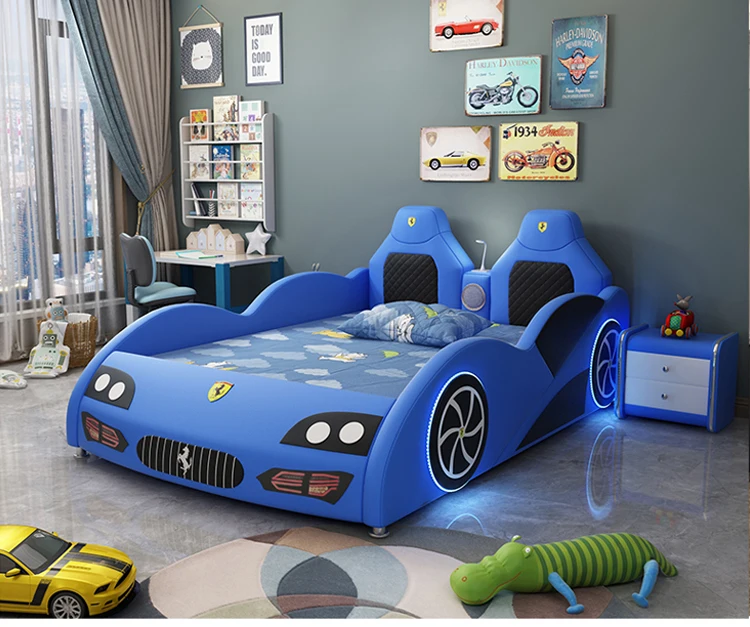Luxury Designer Blue Children Car Bed With Light And Sound Boy Wooden
