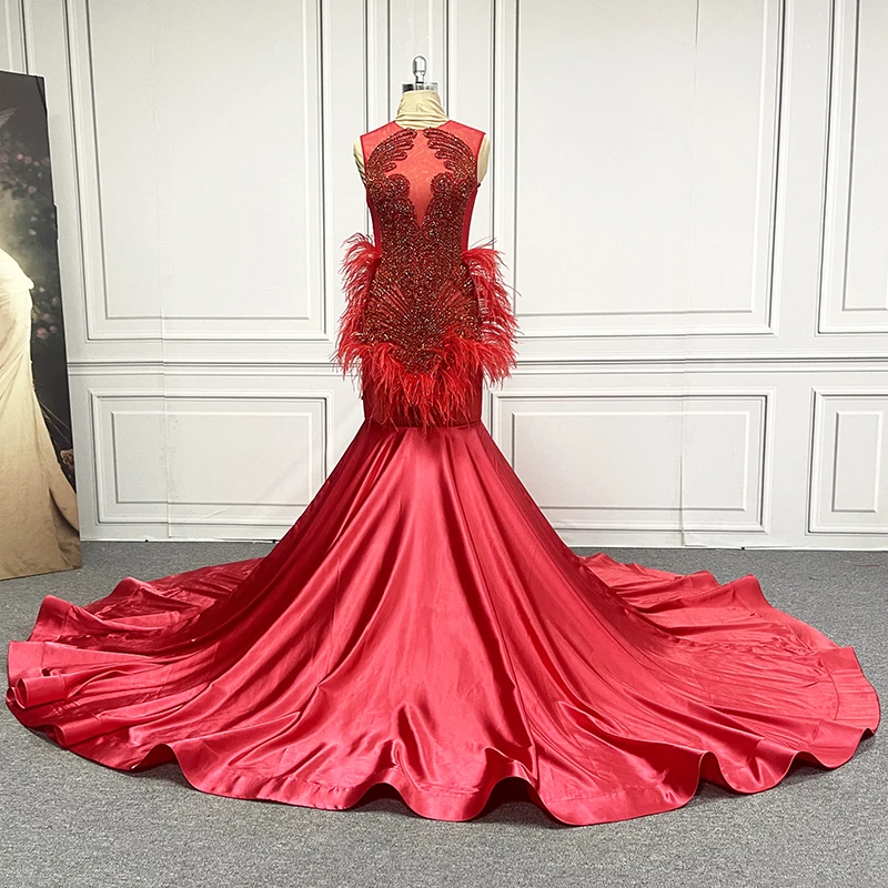 Beaded Slip Sequin Sequence Evening Dress for Women Mermaid African Nigeria  Evening Dresses Luxury Feathers Red Wedding Dress