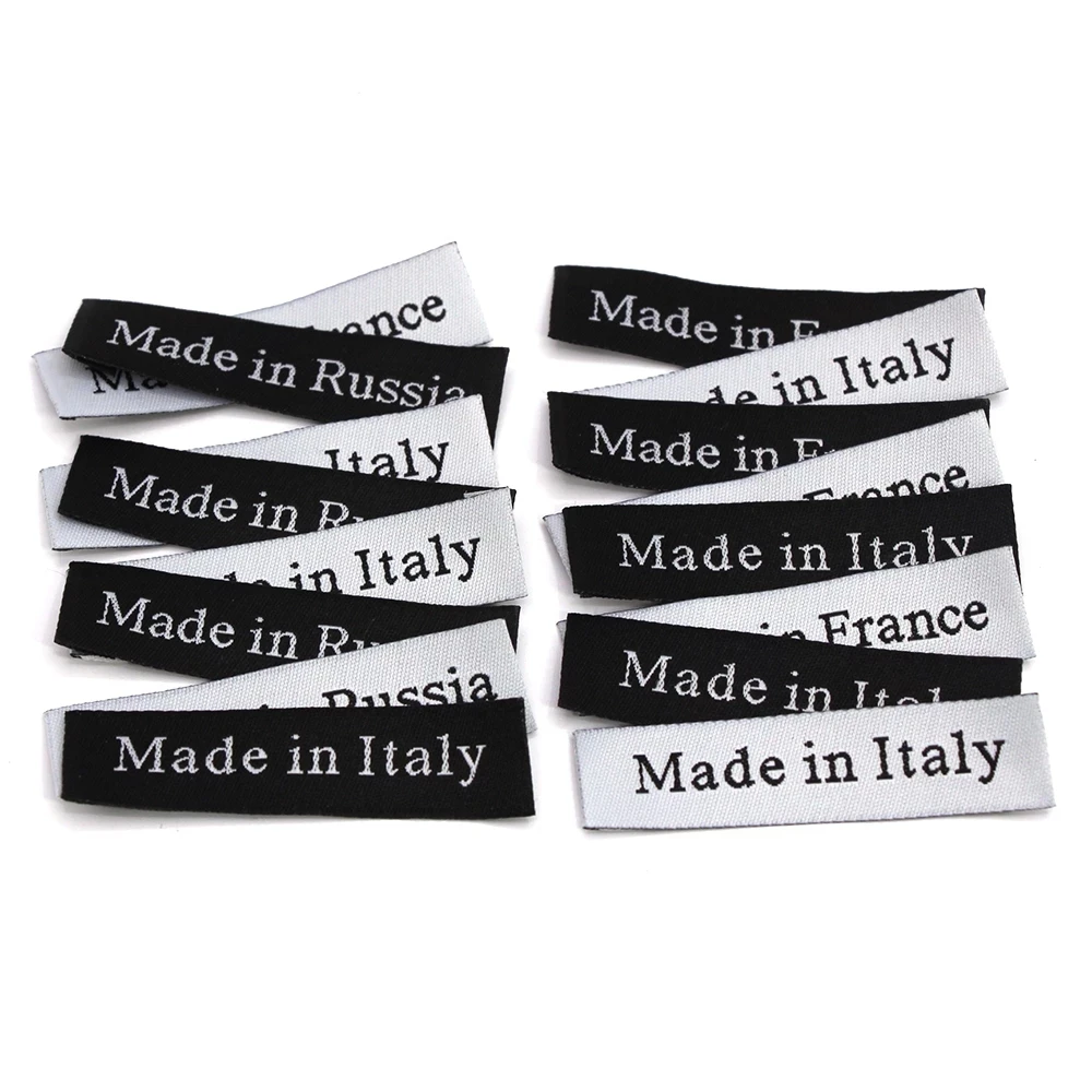 Made in Italy France Russia Woven Clothing Labels Handmade Tags Black White  Cotton Main Label for Hats Bags Decoration