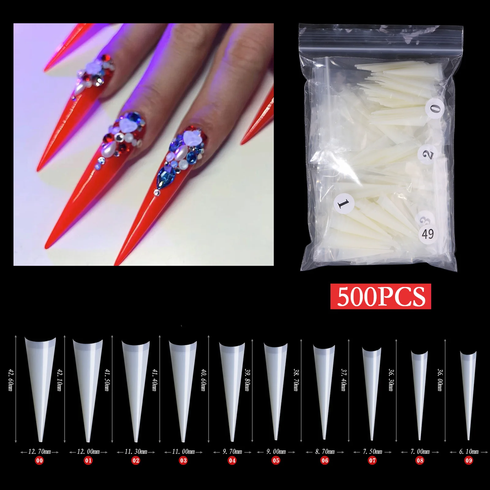 500 Stück Stiletto-Nagelspitzen Transparent – 10 Größen, Für Acryl-Verlängerung & Nail Art