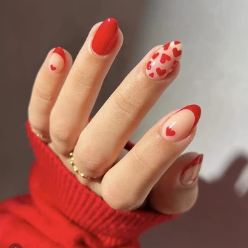 24 pcs Valentine's Day 2025 French Red Nail Art Heart almond Art Acrylic Press On Nails Artificial fingernails false nails 3633