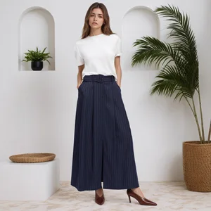 2025 New Women's Fashion High-Waisted Belted Waist-Cinching Slimming Dress, Open Hem Long Striped Versatile Skirt