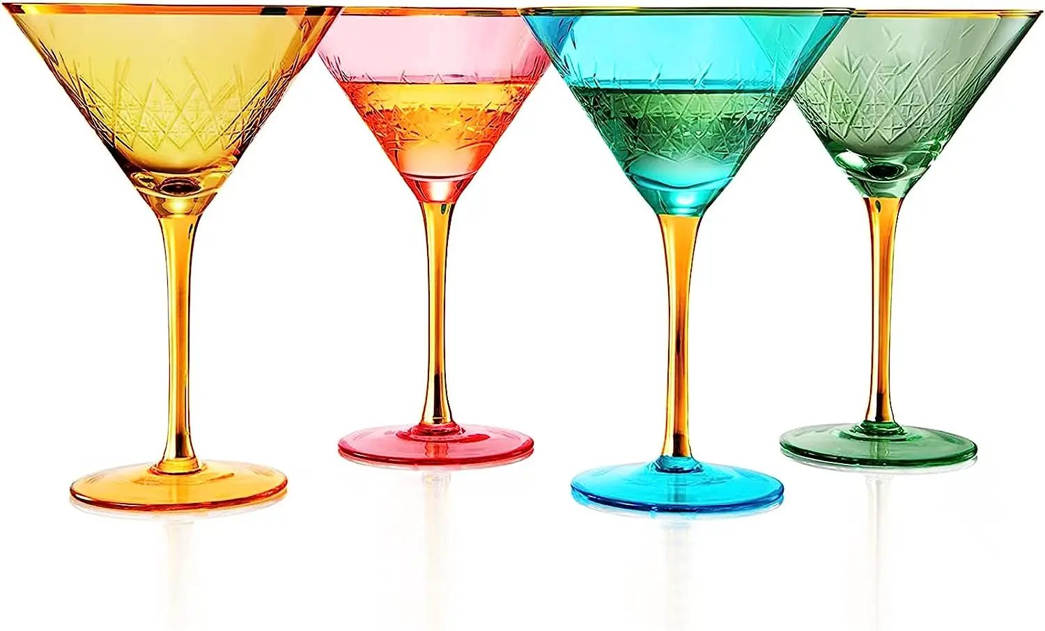 Vintage Art Deco Coupe Handblown Durable Luxury Crystal Martini Colored Stemmed Multicolor