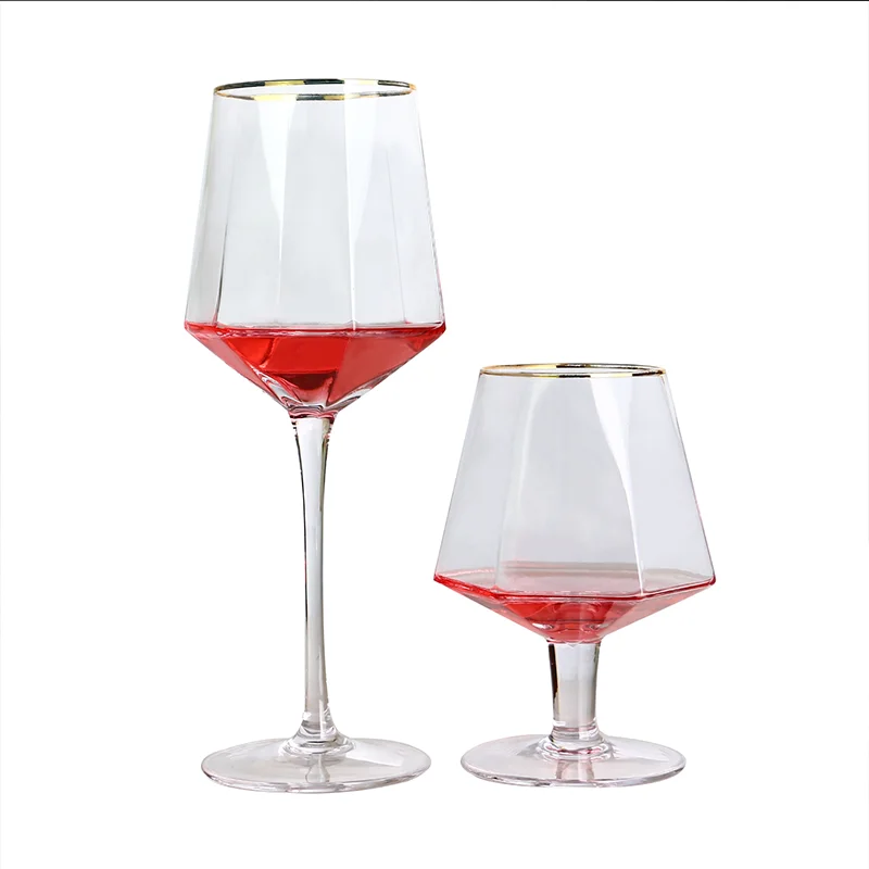 Wholesale Luxury Crystal Diamond Shaped Short Stem 14oz Custom logo Gold Rim Good Modern Brandy Goblet Red Wine Glass