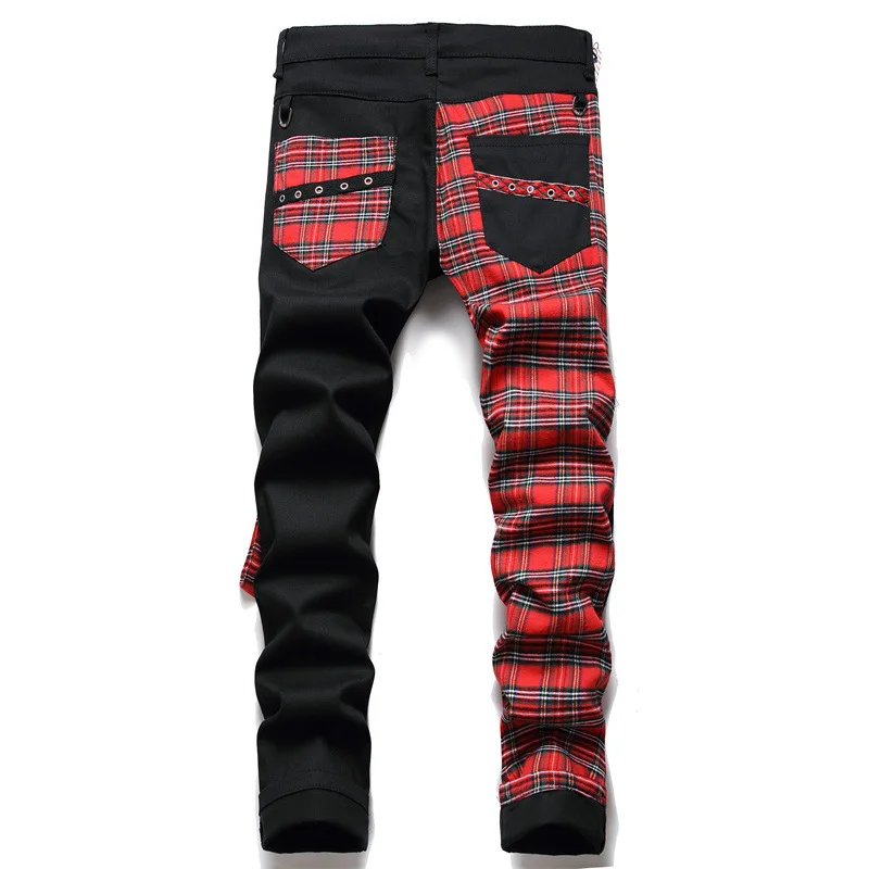 Custom New 2024 Fashion Stitching Color Matching Black Men's Jeans Red Plaid Stitching Non-elastic Jeans Pants supplier