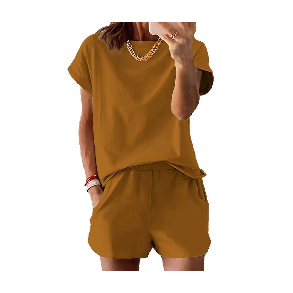 New Lounge Wear Casual Piece Summer Shorts Sets for Women Short Sleeve  Top Elastic Outfits Two Piece Set Women Clothing