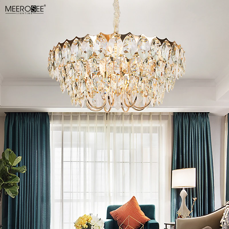 MEEROSEE K9 Crystal Leaf Pendant Light Modern Chandeliers Sitting Room Lighting Hanging Lights for Living Room MD86800