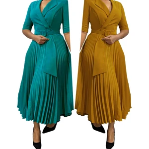 YD3291 Trendy Autumn Office Lady Dresses Women Casual Elegant Suit Collar Half Sleeve Pleated African Career Dresses for Women