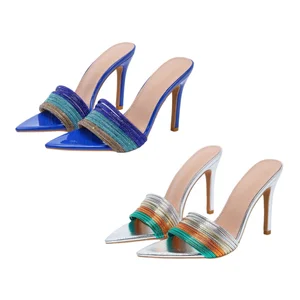 Factory Heeled Sandals for Women Sandalia De Mujer Pointed Toe Rhinestone Slingback Large Size 35 43 Fashion Thin Heel