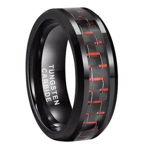 Coolstyle Jewelry 8mm Black Tungsten Ring for Men Women Engagement Wedding Band Black Red Carbon Fiber Inlay Beveled Comfort Fit