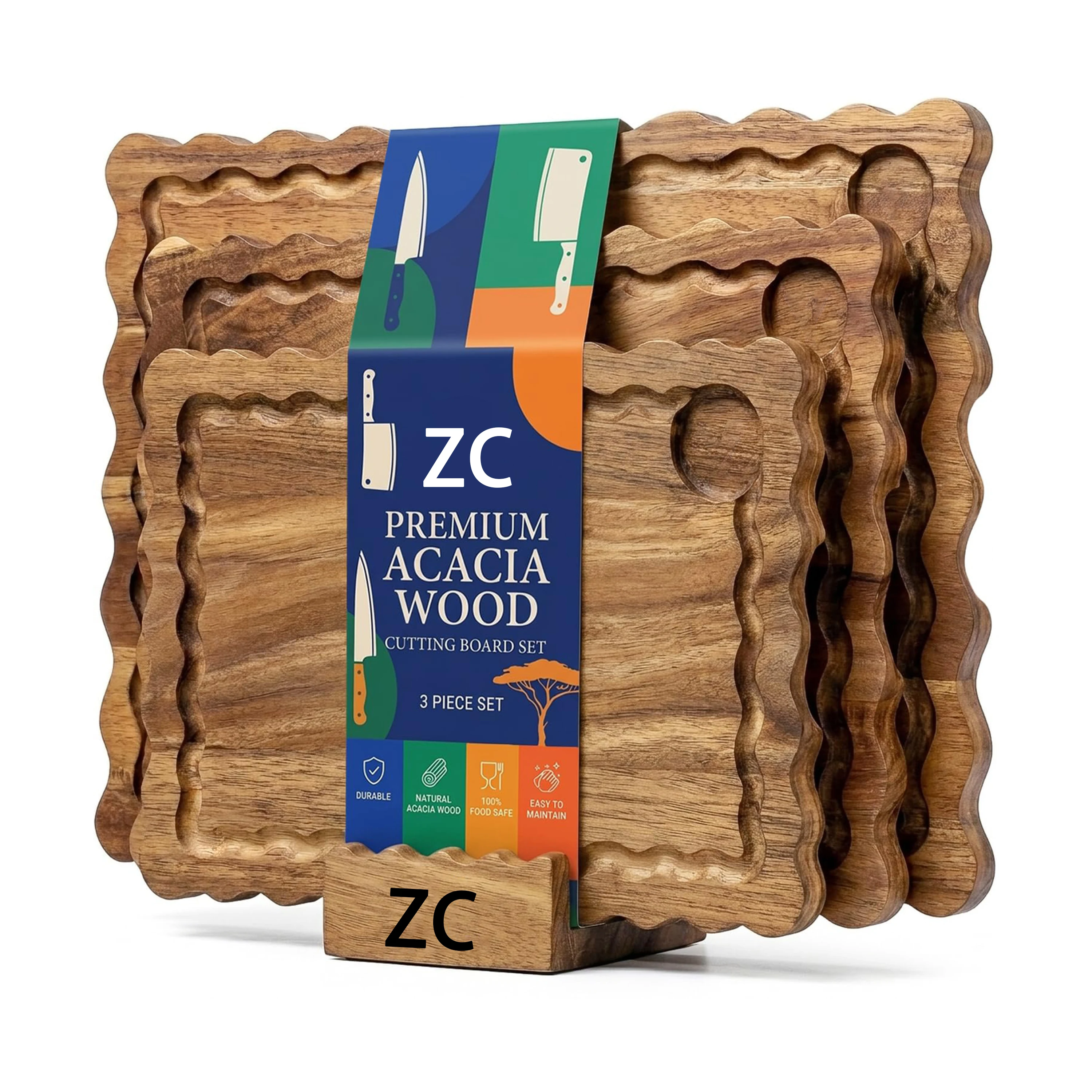 Acacia Wood Cutting Board Wavy Edge Serving Tray With Juice Groove Integrated Handle 3 Piece Set for Kitchen Charcuterie Serving