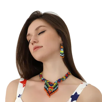 Wholesale African Jewelry Sets Ethnic Style Handmade Colorful Rice Beaded Woven Necklace Rainbow Beads Earrings Tassel Bracelet
