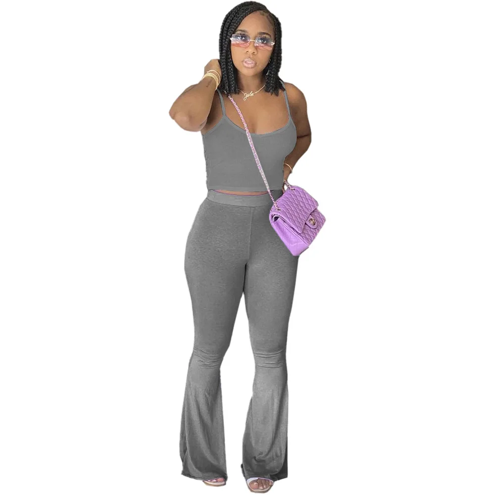 LY017 2021 New Arrival Summer European and American Women's Pure Color Sling Flare Pants Casual Suit