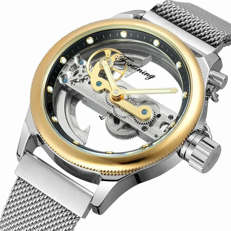 Forsining Men Transparent Design Mechanical Watch Automatic Silver Golden Gear Skeleton Mesh Belts Clock 206
