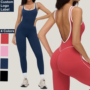 Women Plus Size Square Collar Backless Yoga Jumpsuit Butt Lift Tummy Control High Strength Fitness Sports Gym Activewear