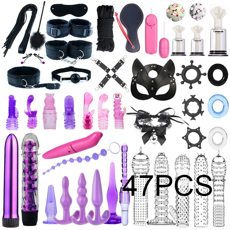 47pcs BDSM Bondage Gear Kit for Sex Play - Handcuffs, Nipple Clamps, Whip &  Anal Vibrator for Couples