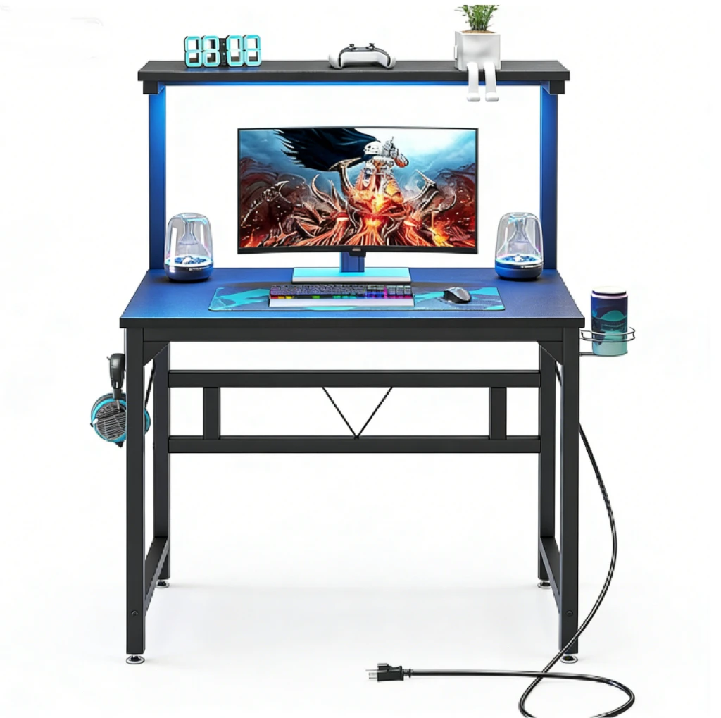 LED-Lit Gaming Desk with Overhead Shelf & Cable Management aperçu 4